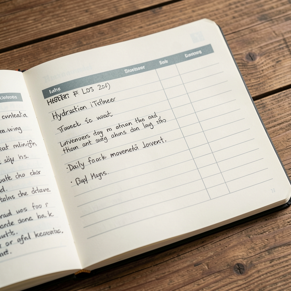 Close-up of handwritten notes documenting hydration intake and daily movement log in a structured wellness journal, laid flat on a wooden surface