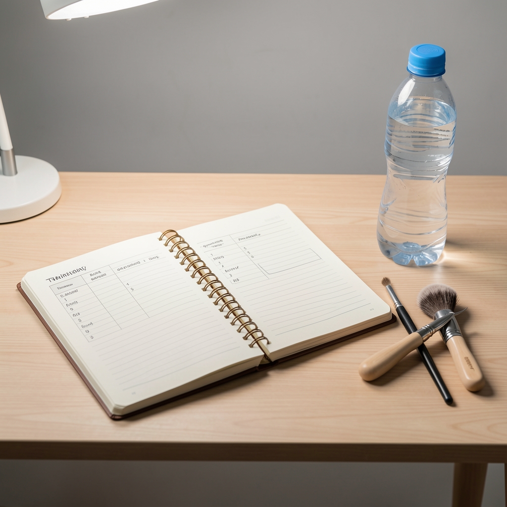 Well-organised personal wellness workspace showing a notebook with training log entries, a water bottle, and minimal grooming tools on a clean wooden desk under studio lighting