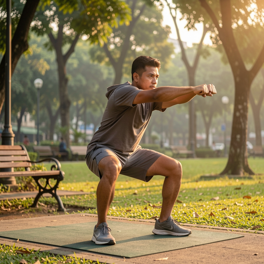 Man performing a structured bodyweight workout outdoors in a Jakarta park, early morning golden light, form-focused single-leg squat position