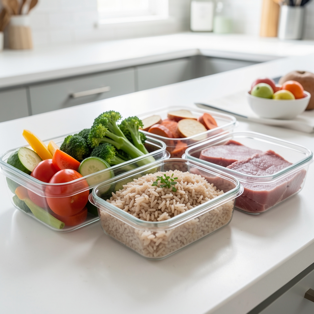 Close-up of a balanced meal preparation on a kitchen counter with fresh vegetables, brown rice, and lean protein portions in separate containers under clean bright lighting