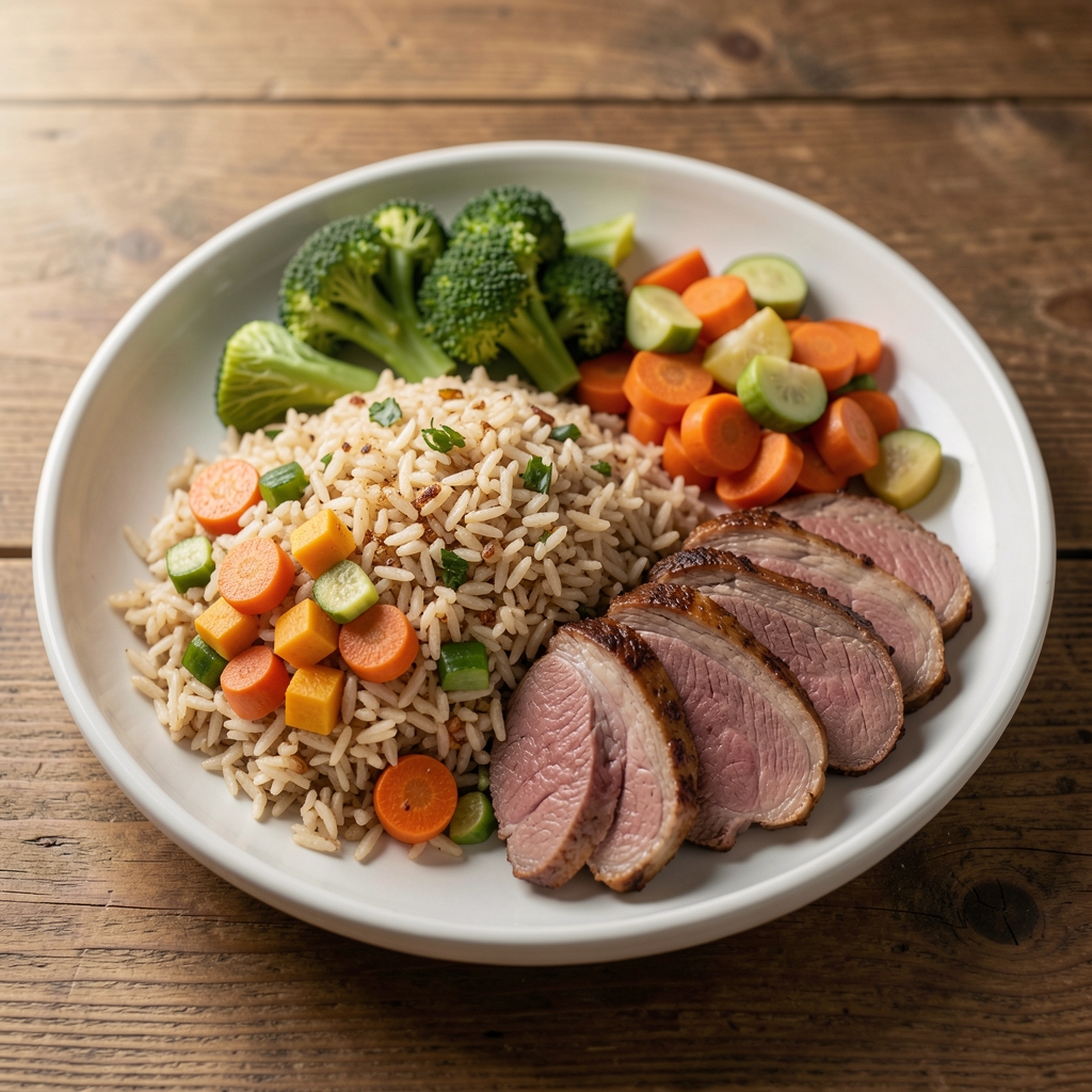Freshly prepared balanced meal with grains, vegetables, and lean protein arranged on a wooden table