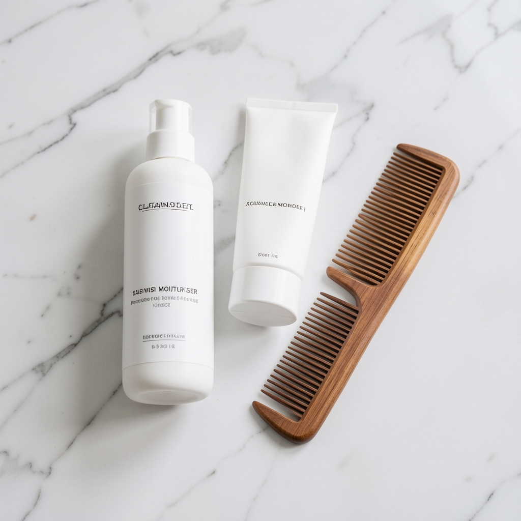 Minimalist grooming essentials laid out on a white marble surface: cleanser, moisturiser, and comb